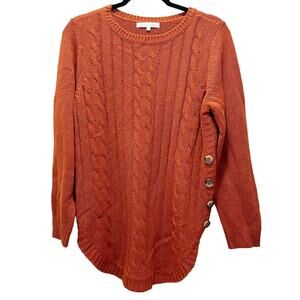 Madison + Hudson Sweater Long Sleeve Pullover Orange Crew Neck Button Accent M